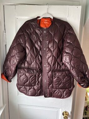Mango Quilted Jacket in Burgundy with Orange Lining